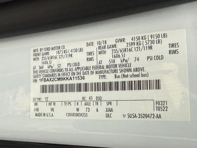2019 Ford Transit Passenger Wagon T-350 148" Med Roof XL Sliding RH Dr