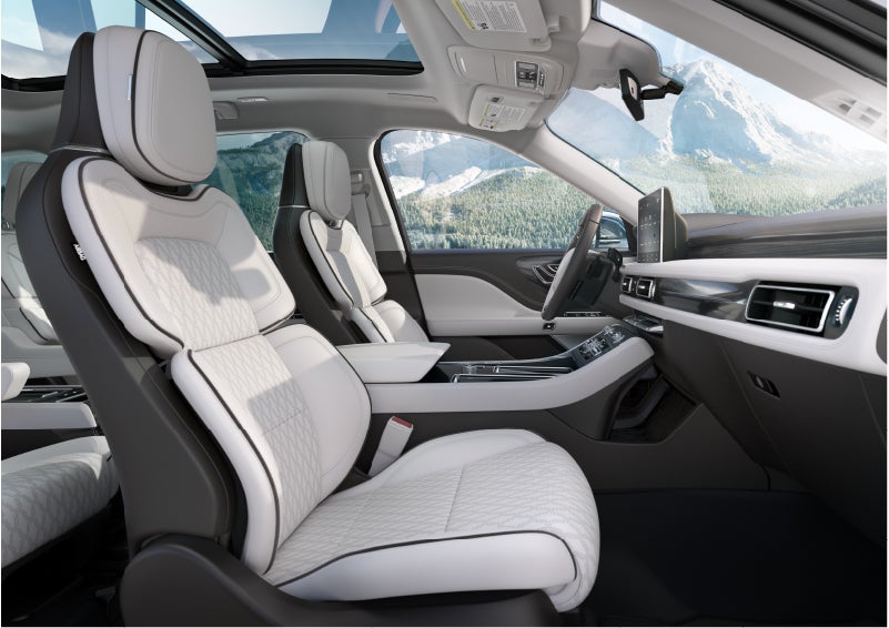 The interior of a Lincoln Aviator® Black Label model is shown in the Chalet theme | Uptown Lincoln in Wauwatosa WI