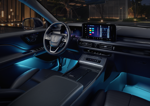 Deep blue ambient lighting glows from various places within a 2025 Lincoln Aviator® SUV. | Uptown Lincoln in Wauwatosa WI